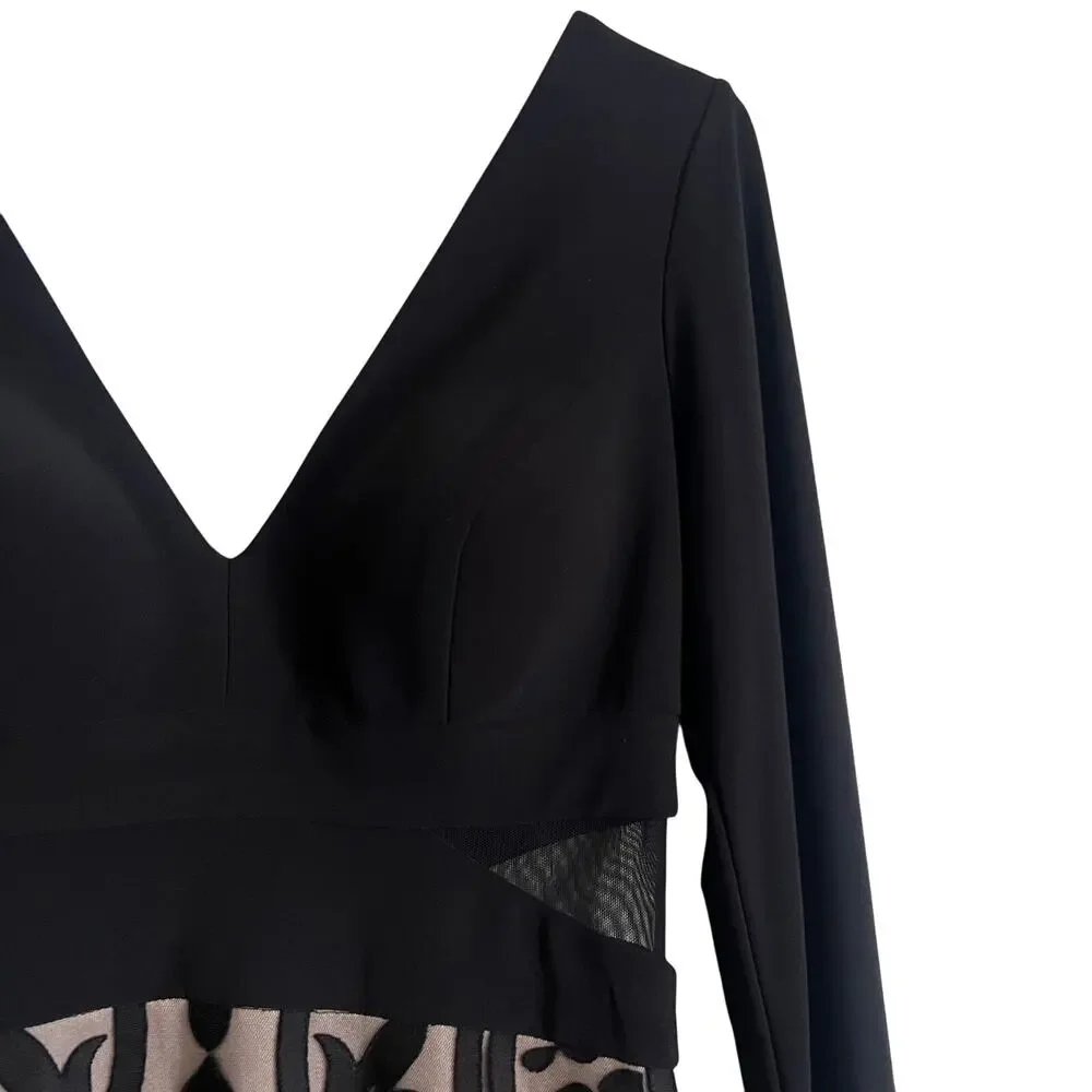Xscape Black Flocked Mesh Mermaid Gown Long Sleeve Formal Dress 8 - Picture 4 of 9